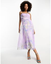 ASOS - Vestido midi lila estilo corsé con parte delantera desbocada suave y estampado floral - Lyst