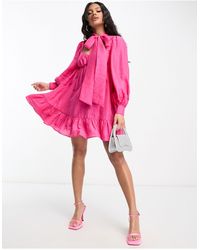ASOS - Pussybow Cupped Mini Dress With Blouson Sleeve - Lyst