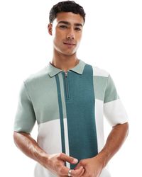Threadbare - Polo manches courtes en maille avec col zippé et imprimé abstrait - écru et - Lyst