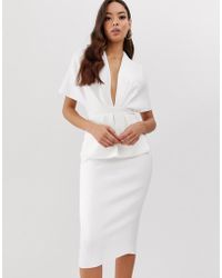 ASOS Structured Plunge Kimono Midi Dress With Peplum - White