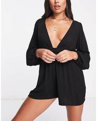 ASOS - Mono Playero Corto Escotado Con Manga Voluminosa De - Lyst