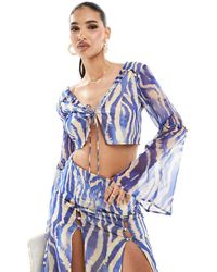 ASOS - Zachte Top Met Ruches En Blauwe Zebraprint, Deel Van Co-Ord Set - Lyst