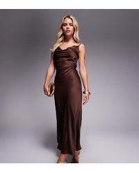 New Look - Vestido Midi Marrón Con Cuello Desbocado De Satén De - Lyst