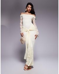 Kaiia - Exclusive Double-layered Slinky Lace Bardot Flare Sleeve Tie Waist Drape Detail Maxi Dress - Lyst