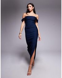 Vesper - Bengaline Off Shoulder Ruched Waist Detail Side Split Maxi Dress - Lyst