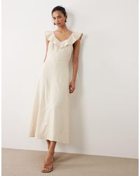 Mango - Robe mi-longue en lin mélangé à volants - crème - Lyst