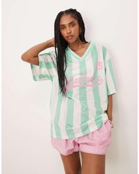 ASOS - T-Shirt Oversize Verde A Righe Con Scollo A V E Stampa “Mallorca” - Lyst