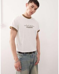Reclaimed (vintage) - Camiseta Corta Blanca De Corte Cuadrado Con Estampado Gráfico De La Marca Y Ribetes De -Blanco - Lyst