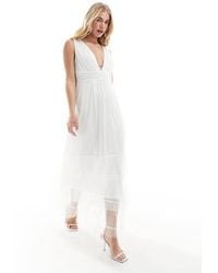 Vila - Bridal Tulle Plunge Maxi Dress With Tiered Skirt - Lyst