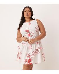 ASOS - Vestido Corto Abotonado Con Estampado Floral Rojo, Cintura Baja Y Cuello Barco De Asos Design Curve - Lyst