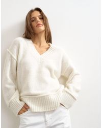 TOPSHOP - Knitted V Neck Slouchy Roll Seam Detail Jumper With Wool - Lyst