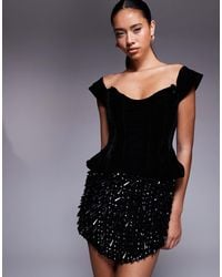 ASOS - Velvet Corset Fallen Shoulder Mini Dress With Embellished Skirt - Lyst