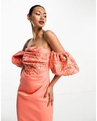 ASOS - Bardot Puff Sleeve Midi Dress With Floral Sequin Embellishment - Lyst