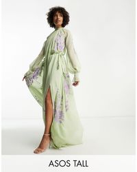 ASOS Asos Design Tall High Neck Maxi Dress With Tie Waist Detail And Lilac Stencil Floral Embroidery - Green