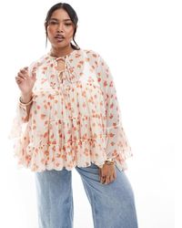 ASOS - Asos Design Curve Tie Front Tiered Blouse With Ruffle Cuffs - Lyst