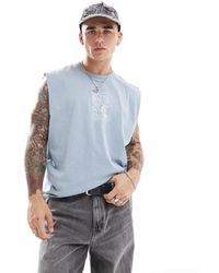ASOS - Camiseta Azul Lavado Extragrande Sin Mangas Con Estampado Celestial En El Pecho De Tejido Grueso De 220 G/M2 De -Gris - Lyst