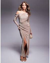 ASOS - Plisse Fallen Shoulder Maxi Dress With Ruching - Lyst