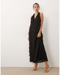 ASOS - Textured Fringe Plunge Backless Halter Maxi Dress - Lyst