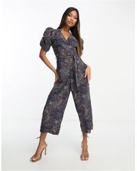 AX Paris Square Neck Puff Sleeve Jumpsuit in Blue | Lyst