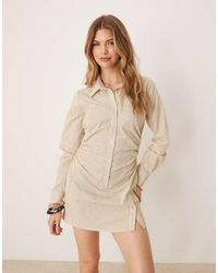 ASOS - Cotton Ruched Waist Shirt Mini Dress With Flared Sleeve - Lyst
