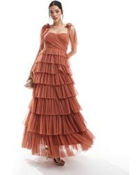 LACE & BEADS - L'invitée - robe longue en tulle avec nœuds aux épaules - terracotta - Lyst