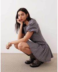 Glamorous - Vestido Corto Azul Marino Y Burdeos A Cuadros Con Mangas Abullonadas Y Cintura Baja De - Lyst