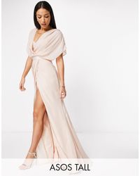 ASOS Asos Design Tall Bridesmaid Short Sleeved Cowl Front Maxi Dress With Button Back Detail - Pink