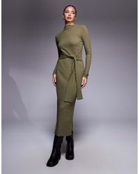 ASOS - Ribbed Long Sleeve High Neck Tie Front Midi Dress - Lyst