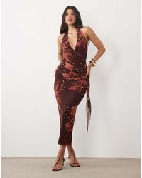 ASOS - Mesh Halterneck Midi Dress With Sweeping Sash Skirt - Lyst