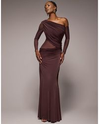 Goddiva - Gathered Cowl Asymmetric Mesh And Soft Touch Maxi Dress - Lyst