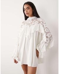 Noughts & Kisses - Crochet Lace High Neck Ruffle Trim Mini Dress - Lyst