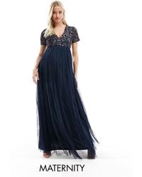 Maya Maternity - Bridesmaid Short Sleeve Maxi Tulle Dress With Tonal Delicate Sequins - Lyst