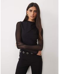 ASOS - Compact Cotton Mesh Mix Long Sleeve Top With Shoulder Gathers - Lyst