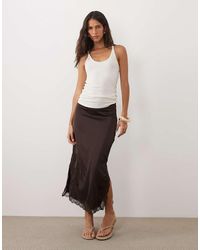 Vila - Lace Trim Satin Midi Skirt - Lyst