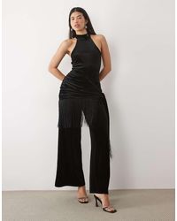 ASOS - Halter Neck Velvet Jumpsuit With Fringe Wrap Detail - Lyst