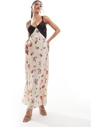 French Connection - Vestido Midi Negro Y Color Crema De Satén Con Estampado Variado E Insertos De Encaje De -Blanco - Lyst