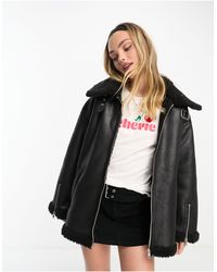 Monki - Faux Leather And Shearing Aviator Jacket - Lyst
