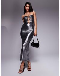 Kaiia - Exclusive Double Layered Metallic Slinky Bandeau Cut Out Ring Detail Maxi Dress - Lyst