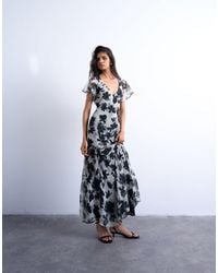 TOPSHOP - – weißes midikleid mit schwarzem muster, flatterärmeln und godet-saum - Lyst