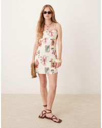 ASOS - – mini-camisole-kleid aus baumwoll-leinen mit postkartenprint im blockfarben-design - Lyst