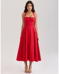 House Of Cb - Claudia Stretch Cotton Button Halter Neck Midi Dress - Lyst