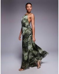ASOS - Vestito Lungo Allacciato Al Collo Verde Animalier Con Scollo Profondo Sul Retro E Profili A Contrasto - Lyst