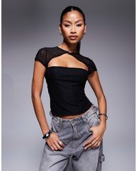 ASOS - Shirred Mesh Short Sleeve Top With Rouleau Button Detail - Lyst