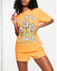 ASOS Flower Power Oversized Tee & Shorts Pyjama Set - Orange