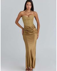 House Of Cb - Aurelia Bronze Brocade Satin Corset Maxi Dress - Lyst