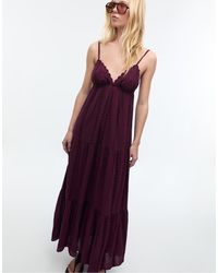 Stradivarius - Vestito Lungo Ampio Bordeaux Con Schiena Scoperta - Lyst
