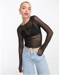 Monki - Long Sleeve Mesh Top With Gather Front - Lyst