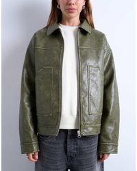 TOPSHOP - Chaqueta Verde Lavado Con Cremallera Y Bolsillos De Parche De Cuero Sintético De - Lyst