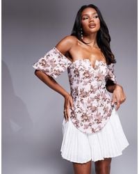 ASOS - Jacquard Off Shoulder Mini Dress With Pleated Poplin Skirt - Lyst