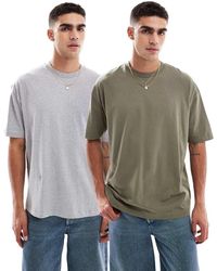 ASOS - Confezione Da 2 T-Shirt Basic Oversize Grigio Mélange E Kaki - Lyst